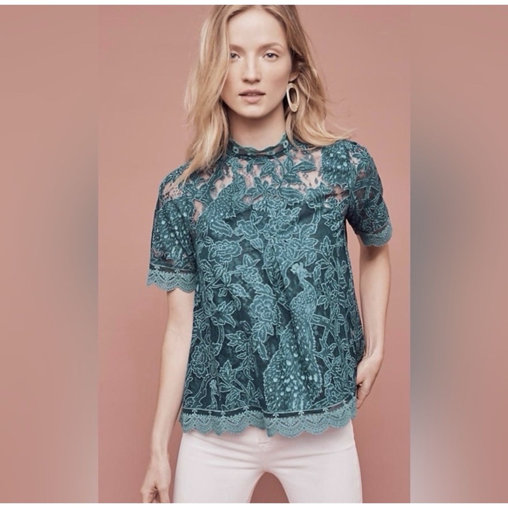 Anthropologie HD In Paris Lace Meadows Botanical Lace Blouse Teal Size 12 boho